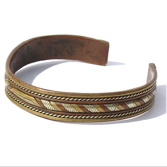 Vintage Mixed Metal Cuff Bracelet Copper Brass Silver Tone Tri-Tone Unisex - Picture 2 of 4